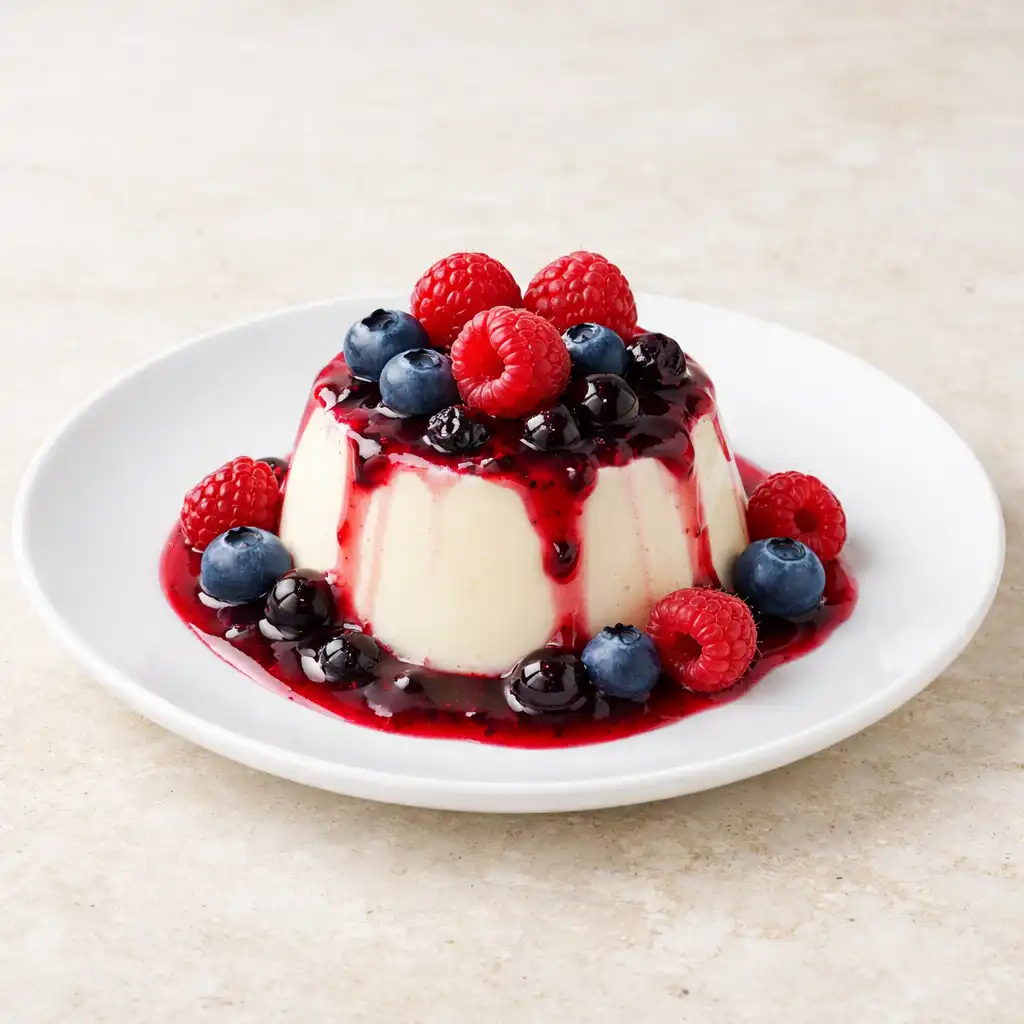 Panna cotta waniliowa polana sosem z leśnych jagód z malinami i borówkami