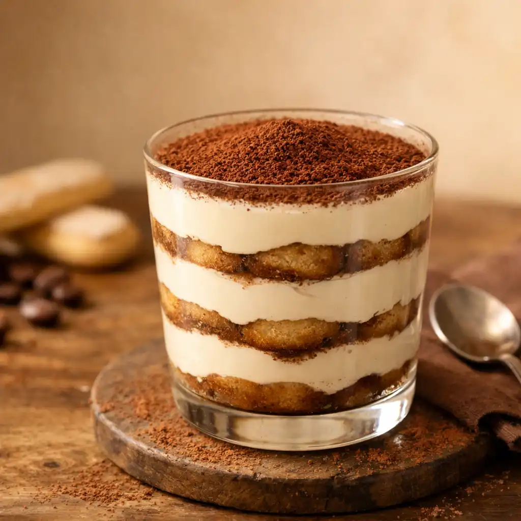 Tiramisu bezalkoholowe w szklance z warstwami mascarpone i kakao
