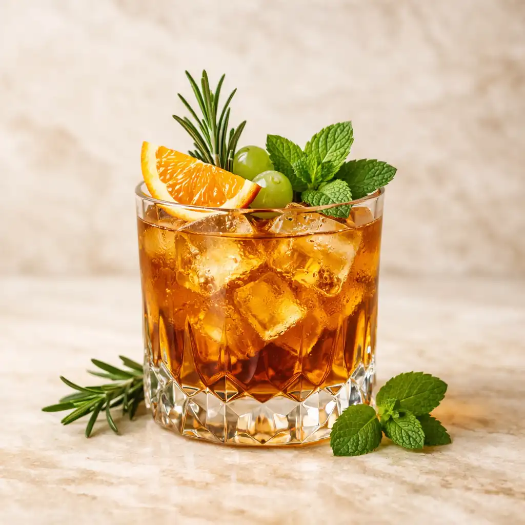 Wykwintny drink bezalkoholowy w eleganckiej szklance z lodem, ziołami i owocami