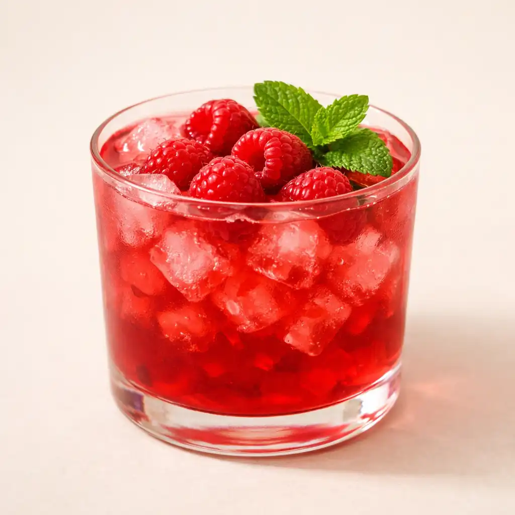 Bezalkoholowy drink malinowy z kostkami lodu, świeżymi malinami i miętą