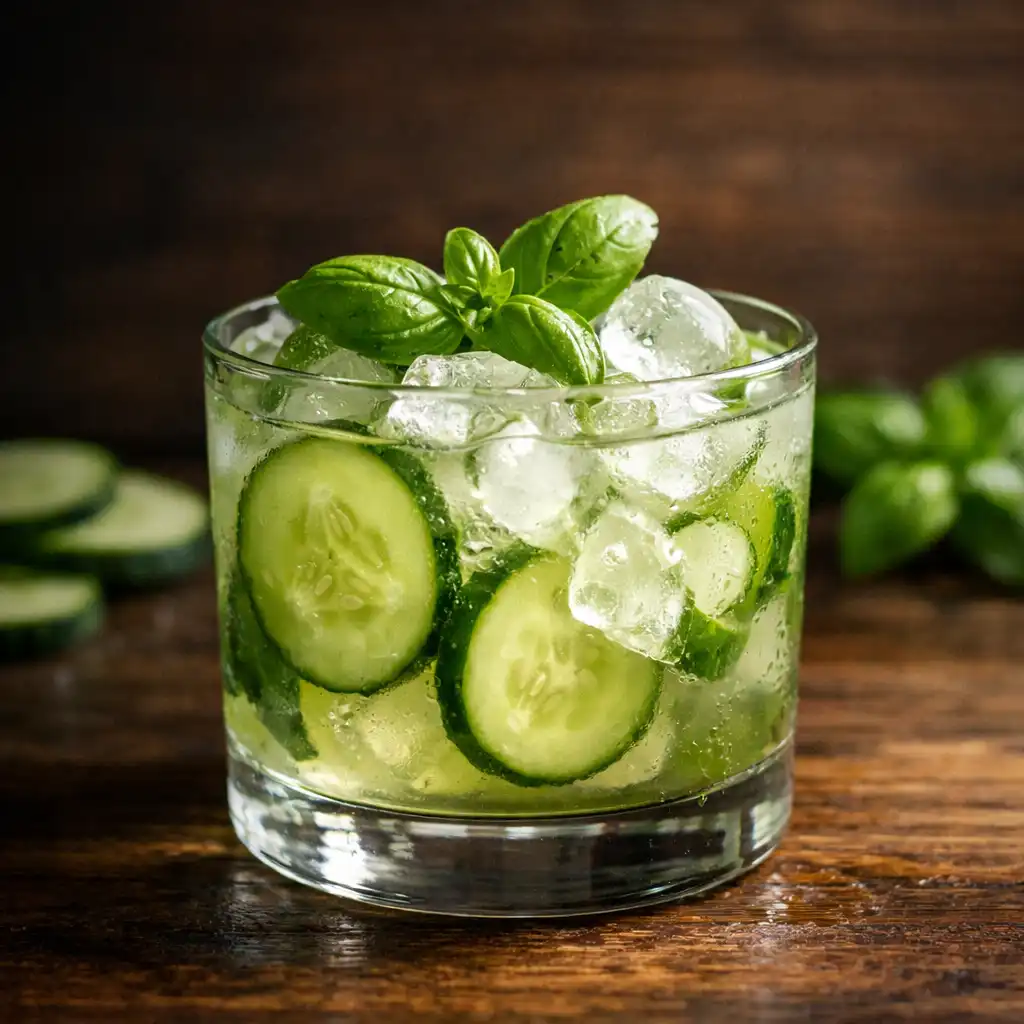 Bezalkoholowy drink ogórkowy z plasterkami ogórka, bazylią i lodem na tle ciemnego drewna