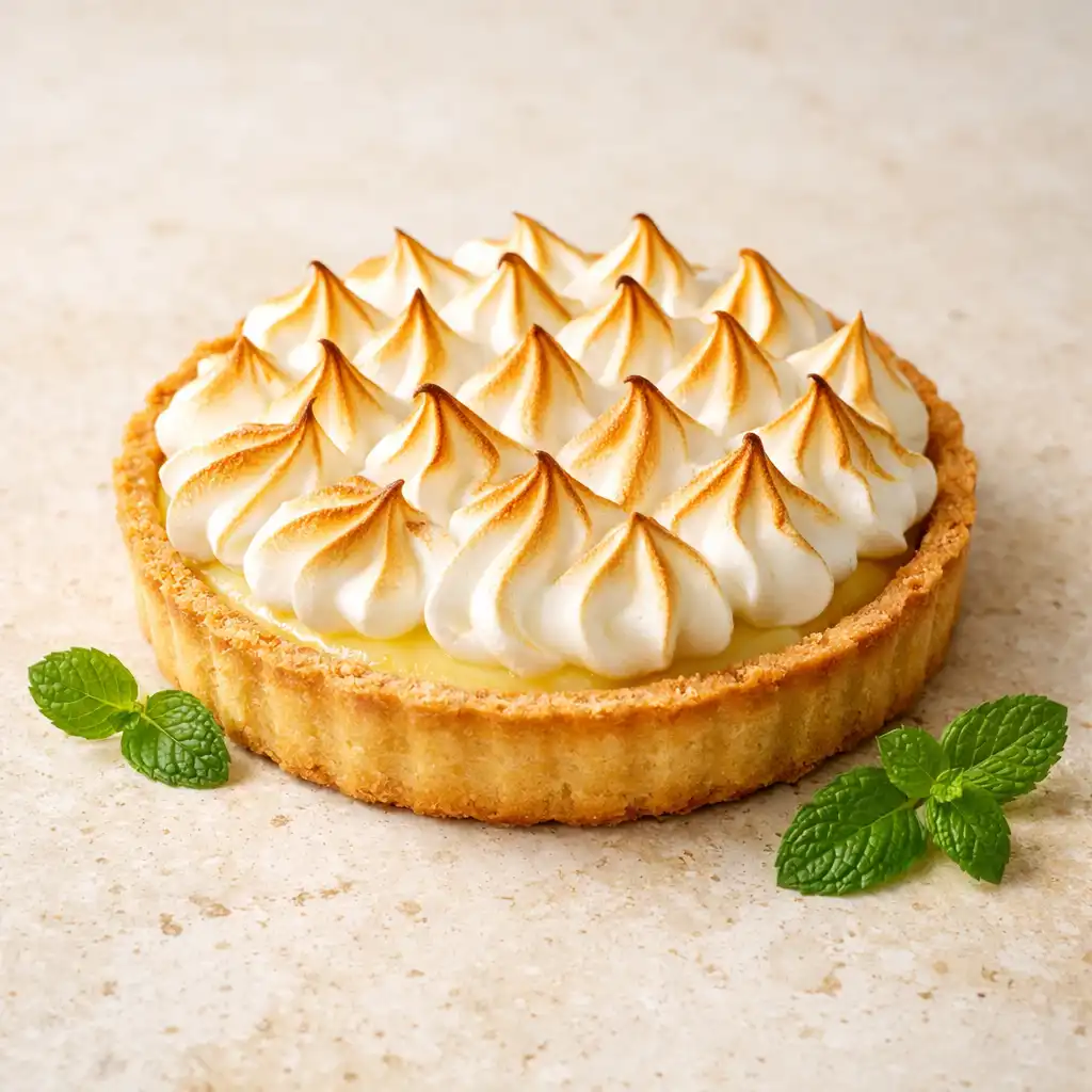 Elegancka tarta cytrynowa z bezą na jasnym trawertynowym tle