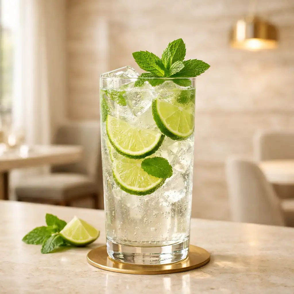 Elegancki bezalkoholowy drink w wysokiej szklance z limonką i miętą na tle wnętrza restauracji Lokalqerin
