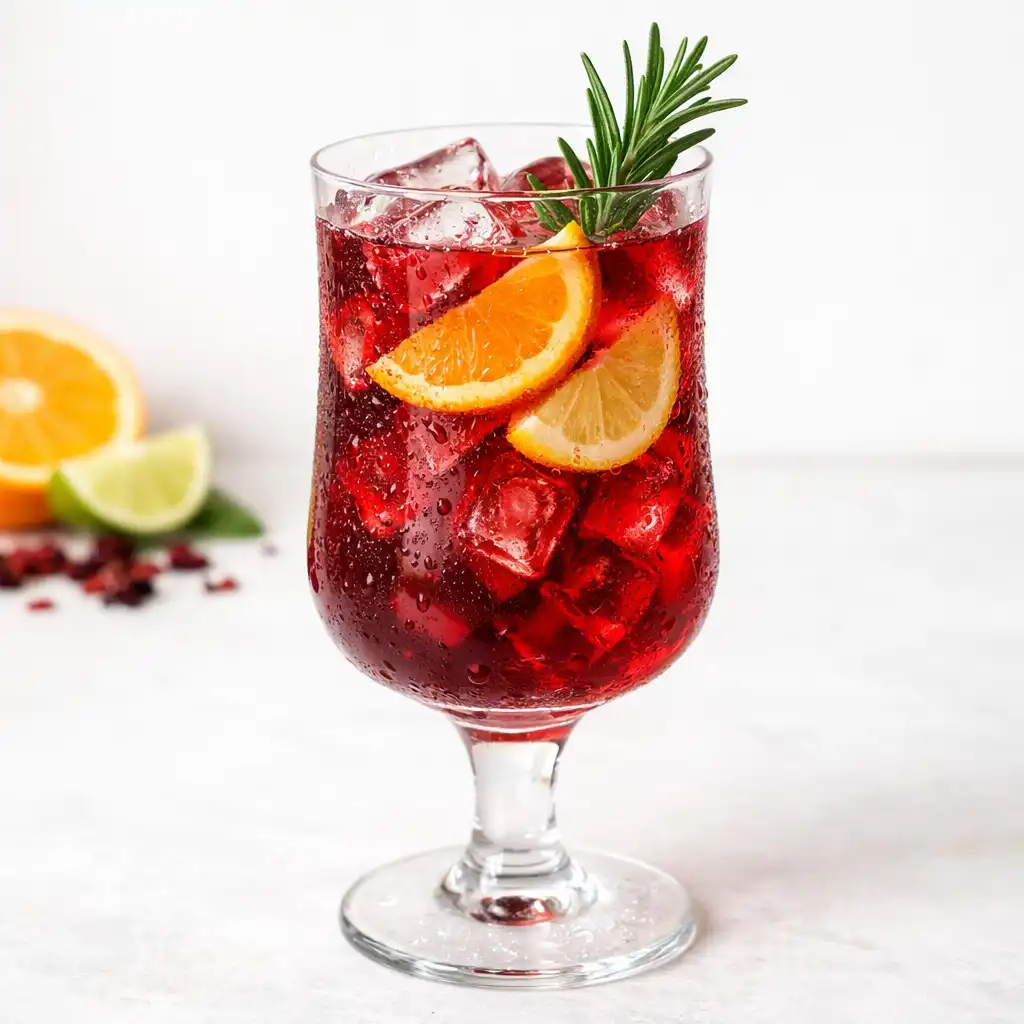 Drink bezalkoholowy na bazie hibiskusa i cytrusów, w eleganckiej szklance z lodem i ziołami