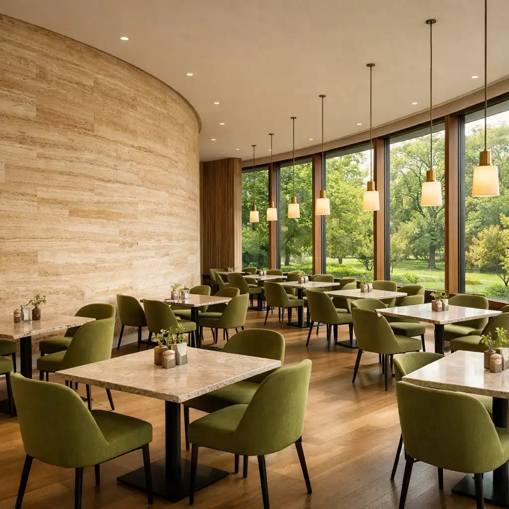 Szeroki kadr sali restauracyjnej z widokiem na zakrzywioną ścianę, stoliki z trawertynowymi blatami i duże okna wpuszczające światło dzienne